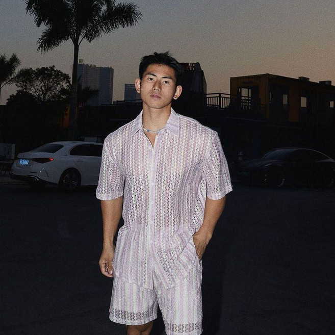 法式復古條紋鏤空短袖襯衫 男 高級感設計感襯衫 度假風