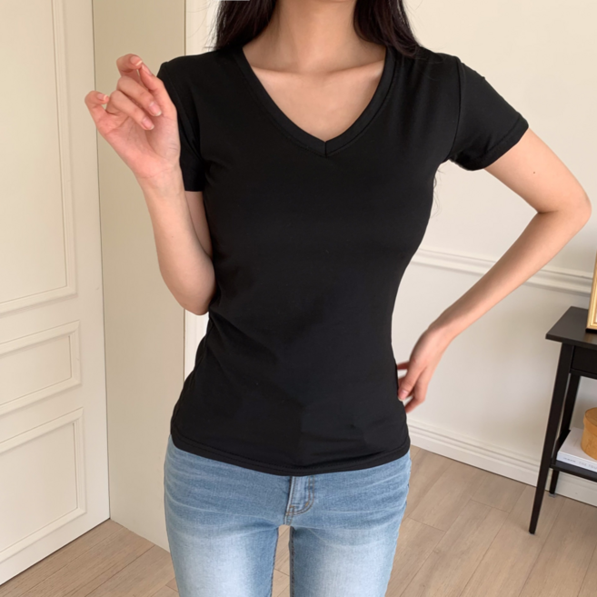 일월전빵 여성 슬림핏 스판 무지 레이어드 반팔 티셔츠 B-C026S