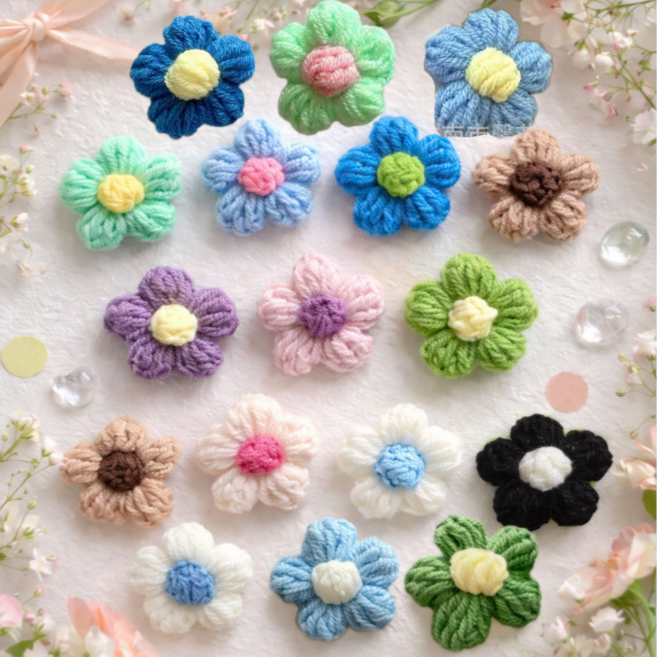 마요네스 미니 뜨개 꽃 한송이 완제품, 15개, 쿨톤 세트