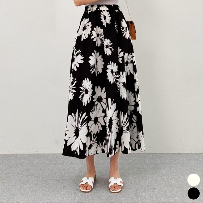 끌로이 여성 나염 꽃무늬 치마 밴딩 플레어 롱 스커트 플라워 나풀나풀 후레아 A라인