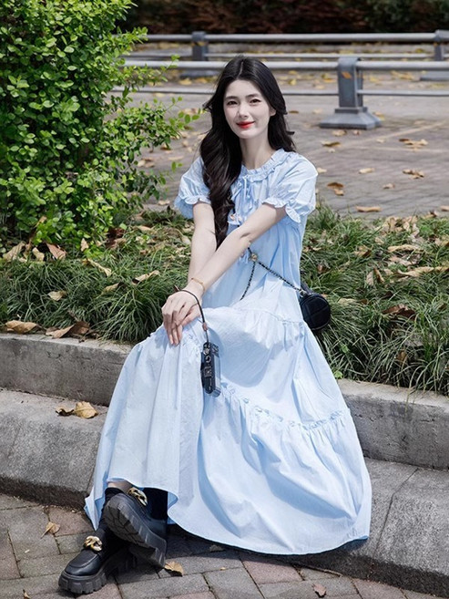 DIU 法式藍色木耳邊短袖連衣裙女夏季新款氣質溫柔風寬鬆顯瘦甜美長裙, M【建議95-105斤】