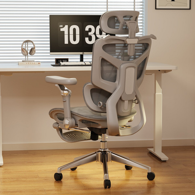 LOVFIR AIRMESH 906 인체공학 메쉬 사무용 의자 헤드레스트 요추 지지 발받침 리클라이닝, 아이보리 그레이