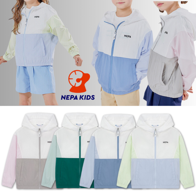 (매장정품) 네파키즈 남아 여아 바람막이 써니 썸머 컬러블럭 경량 자켓 여름 간절기 착용 가볍고 간편한 후드 집업 지퍼 로고 그래픽 트레이닝
