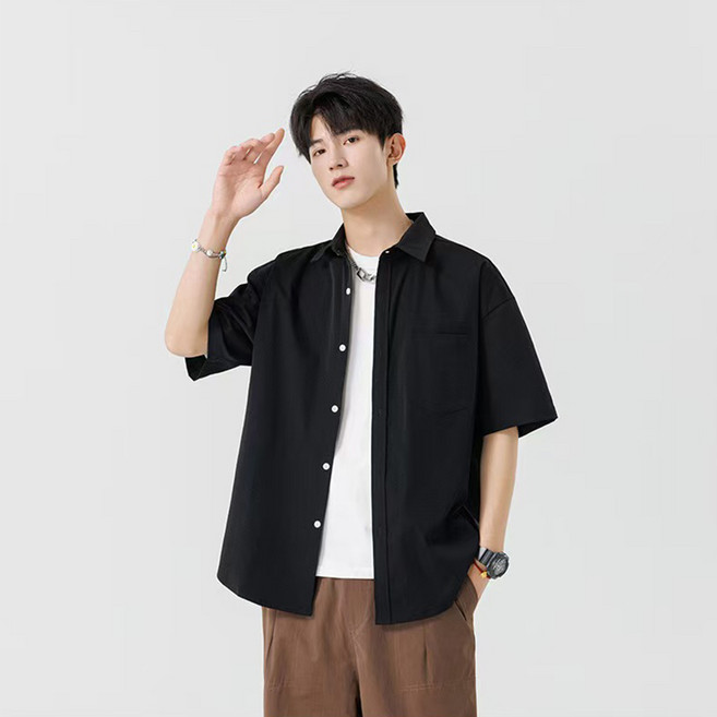 YANGTA 남성용 여름 반팔 링클프리 오버핏 무지 남방