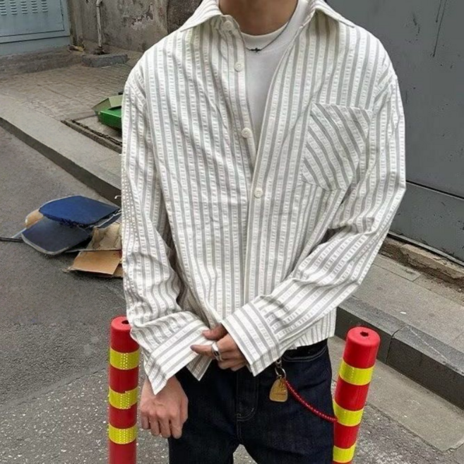 Makone 남성 셔츠 스트라이프 시어서커 캐주얼 루즈핏 남방