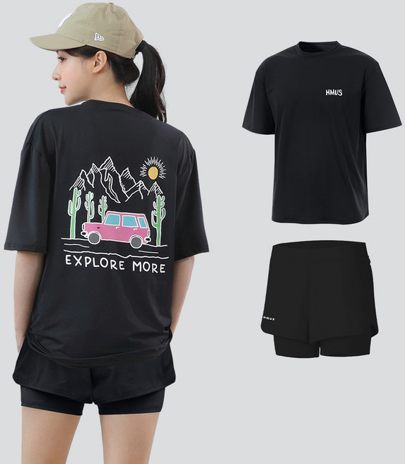 여자 오버핏 반팔 래쉬가드 상의 + 반바지 레깅스 상하의 세트