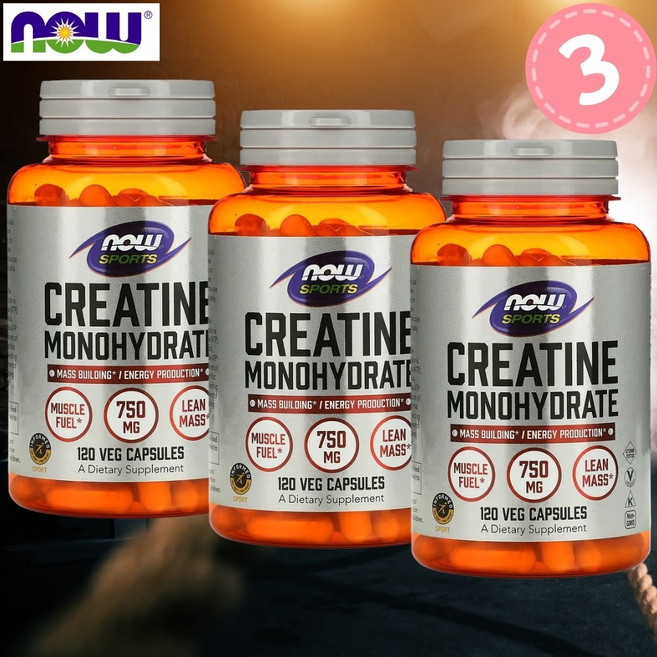 2+1 나우푸드 스포츠 크레아틴 모노하이드레이트 750 mg 식물성 120캡슐 3팩, 3개, 120정