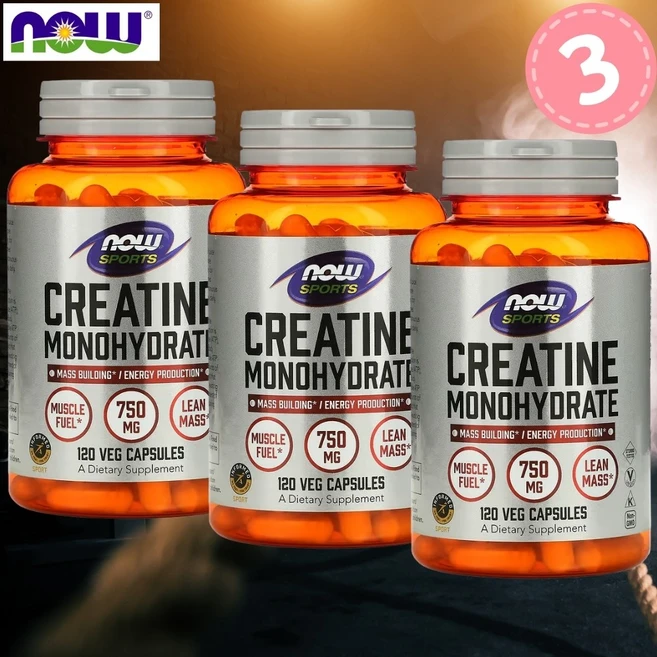 2+1 나우푸드 스포츠 크레아틴 모노하이드레이트 750 mg 식물성 120캡슐 3팩, 3개, 120정 - 쿠팡