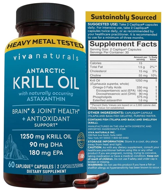 Viva Naturals 크릴오일 1250 mg 오메가3 EPA DHA and Astaxanthin, 60정, 3개 - 쿠팡