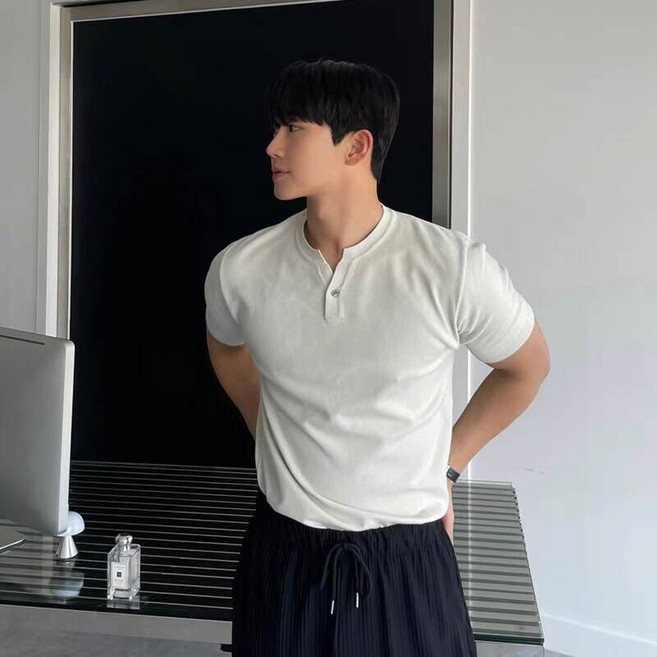 短袖T恤男裝上衣簡約高級感亨利領短袖T恤男款夏季潮牌痞帥型男健身運動修身半袖