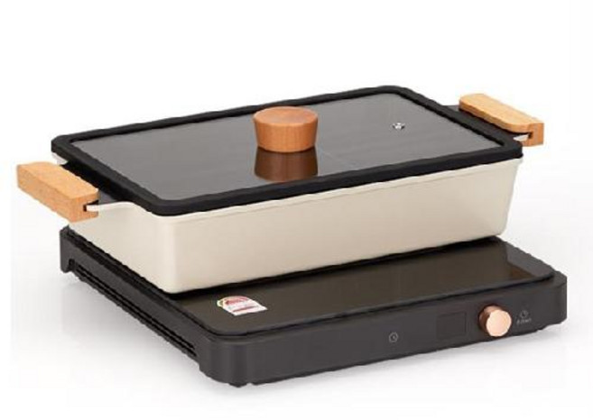 비자트 인덕션 사각 반반냄비 샤브샤브 오뎅탕 전골냄비 더블팟, 아이보리&블랙, 1개, 320cm