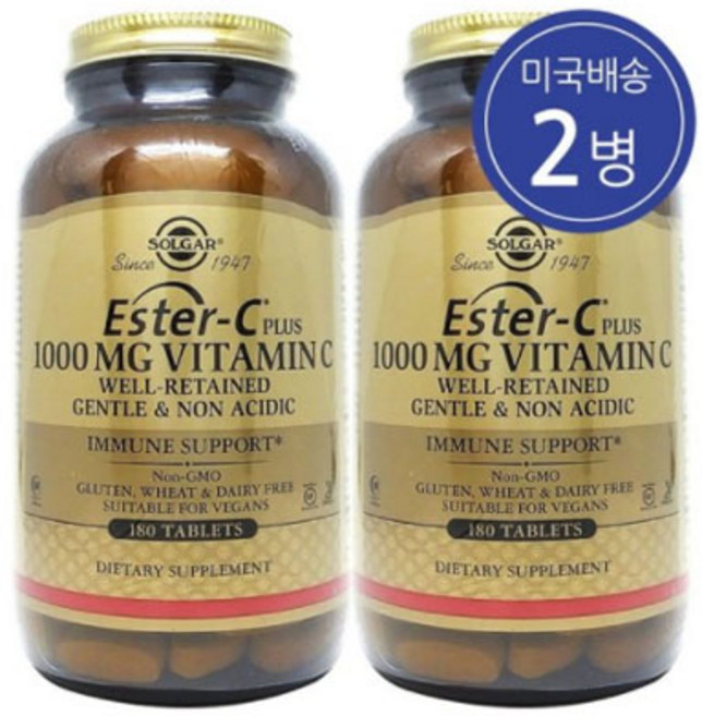 [1+1] Solgar 솔가 에스터C 플러스 비타민C 1000mg 180정 베지캡슐 ESTERC 비타민씨 에스터씨 감귤 바이오플라보노이드 아세로라 로즈힙 루틴 칼슘 아스코르브산염, 2개