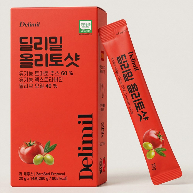 딜리밀 유기농 엑스트라버진 올리브오일 토마토 듀얼 올토샷 스틱 20ml 14포, 2박스, 200g