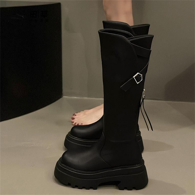 besteffie 여성용 겨울 데일리 롱부츠 두꺼운 밑창 버클 디테일 둥근코 빅사이즈