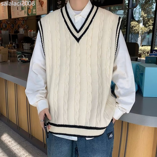 學院風V領針織馬甲男秋冬美式復古寬鬆無袖毛衣背心套頭坎肩外套