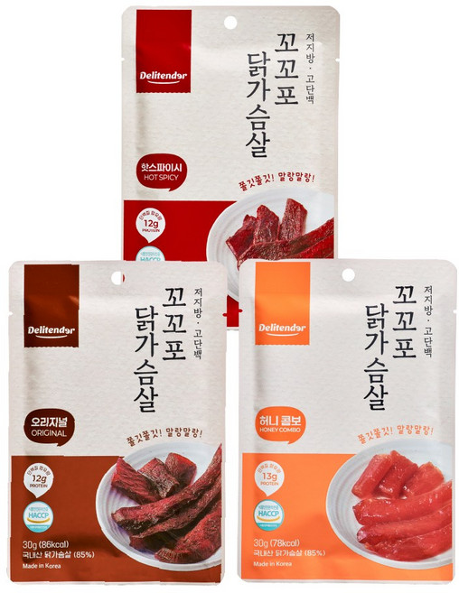 델리텐더 꼬꼬포 닭가슴살 육포 부드러운 고단백 저지방 다이어트 간식 30g 믹스, 3개