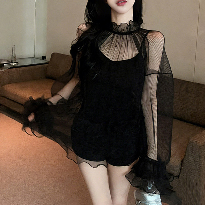 히또리 T4918 패미닌 나시 세트 프릴레이스 시스루 블라우스