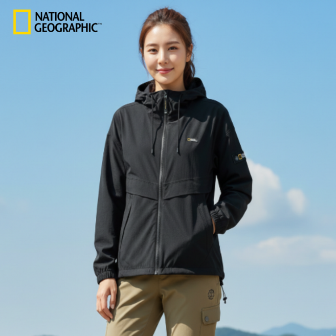 국내정품 내셔널지오그래픽 여성 우븐 스트레치 여자 바람막이 Black 등산용 캠핑용 여행용 점퍼