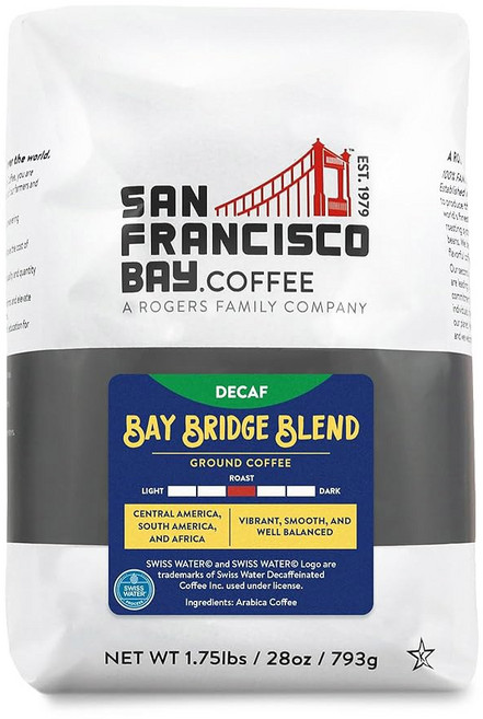 샌프란시스코 베이 커피 DECAF 프렌치 로스트 그라운드 커피 28온스 봉지 다크 로스트 스위스 워터 프로세스 디카페인, DECAF Bay Bridge Blend, 28 Ounce (Pack of 1), 커피메이커(중간), 1개