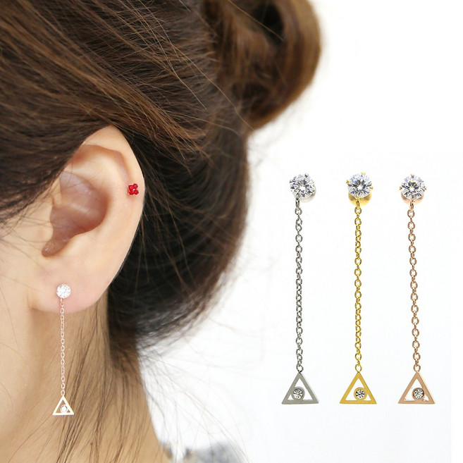 미다미 [2P케이스세트] 삼각큐빅드롭 체인 포인트 피어싱 세트(써지컬스틸/도금)