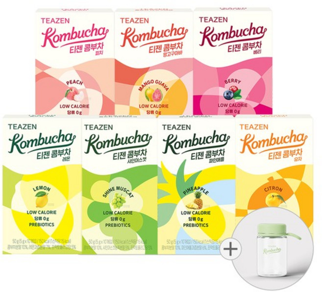 콤부차 7가지맛 혼합구성 70스틱 + 보틀(레몬/파인애플/샤인머스캣/유자/피치/망고구아바/베리), 없음, 5g, 1개, 1개입