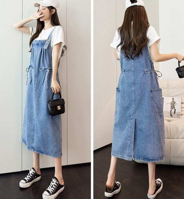 아이엠몽 여성 리본 매듭포인트 포켓 데님 멜빵 치마