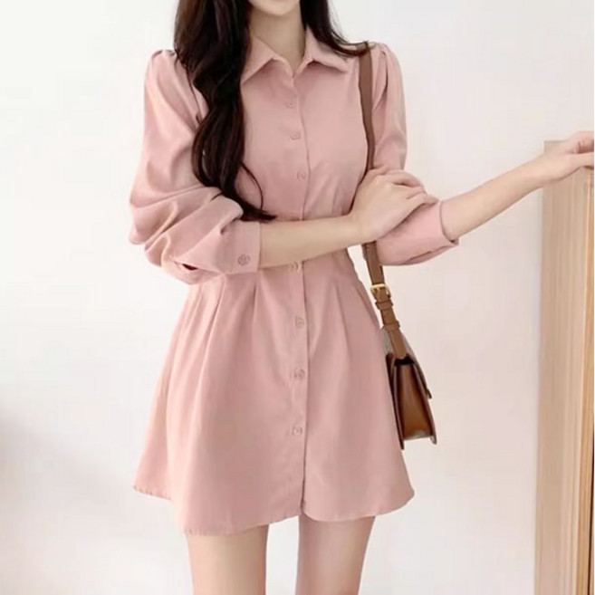 온율 긴팔 셔츠원피스 플레어 허리라인 슬림핏 미니 데일리 원피스