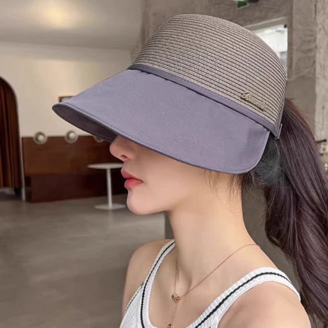 拚接草帽女 2025速幹透氣出遊時尚可折疊鴨舌帽寬沿沙灘帽透氣大簷百搭 時尚漁夫帽