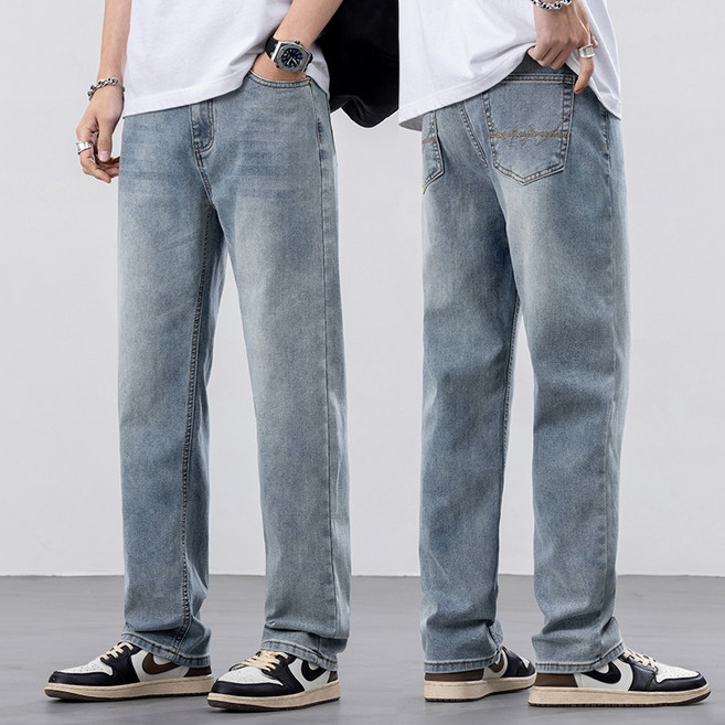 wassup 남성 청바지 여름용 얇은 스트레이트핏 바지 스판 워싱 빅사이즈 통바지