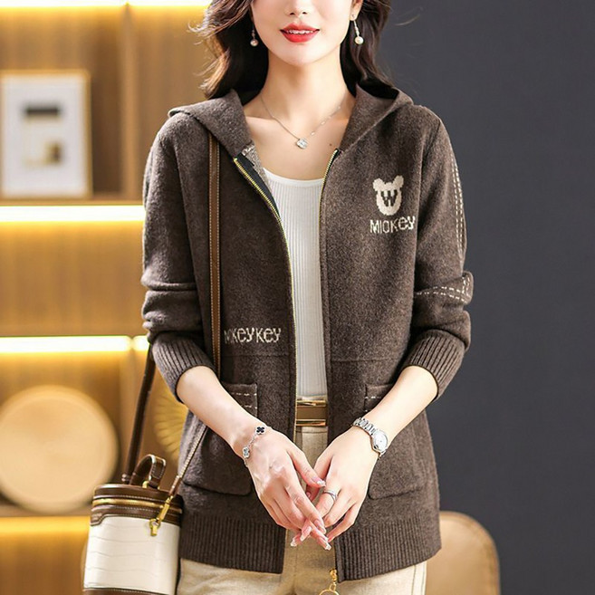 ROYALBELLE 여성 빅사이즈 집업 후드 스웨터 세련된 심플 소프트 컬러 기본 니트 가디건 Y01129018