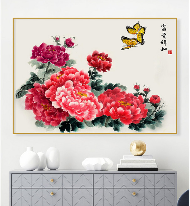 [딘아트] 모란꽃 목단꽃 그림 액자 12종 거실 현관 풍수 인테리어 캔버스 포스터 집들이 개업 선물, 11. 모란과 나비, 무광골드