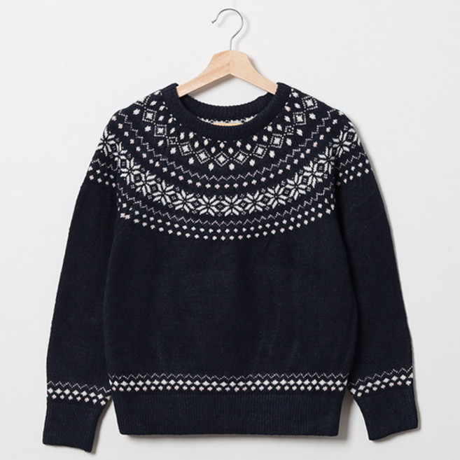 봉봉스토리 여성용 리겔 노르딕 패턴 라운드 니트 티셔츠 페어아일 눈꽃 겨울 스웨터