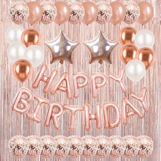 홀로그램 스타 생일축하 은박풍선 파티커튼 세트 [에브리띵스마일] 1214, 1세트, 로즈골드 풍선 로즈골드 커튼