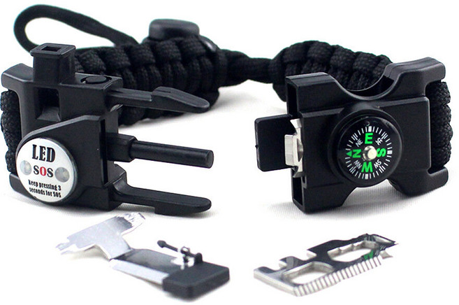 求生傘繩手環 多功能戶外求生裝備 附LED燈打火棒溫度計, 1個, 指南針款-黑色(可調長)