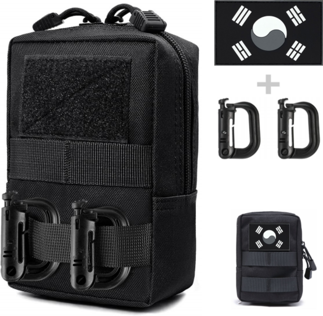 HahnRay군용파우치 EDC 파우치 아웃도어 방수 택티컬 휴대폰파우치(실리콘 태극기패치+D형카라비너), 블랙
