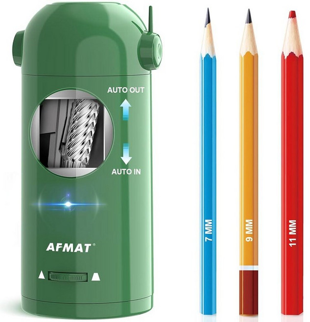 AFMAT 전동 연필깎이 교실용 자동 711.5mm No.2/점보/색연필용 로봇 샤프너 입 출 충전식 코드 핸즈프리 PSX5 그린 217565, 초록색