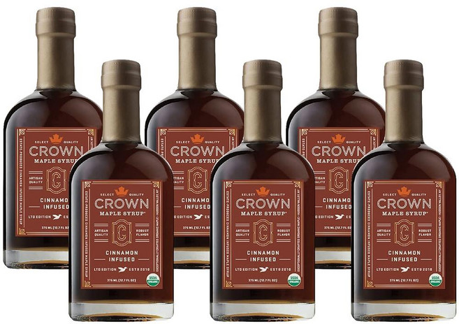 Crown Maple 브라운 버터 맛 유기농 메이플 시럽 글루텐 프리 방부제 없음 GMO 프리 팬케이크 와플 프렌치 토스트 아침 식사 토핑 240ml(8.5온스) (, 시나몬 주입, 시나몬 주입, 1개, 375ml