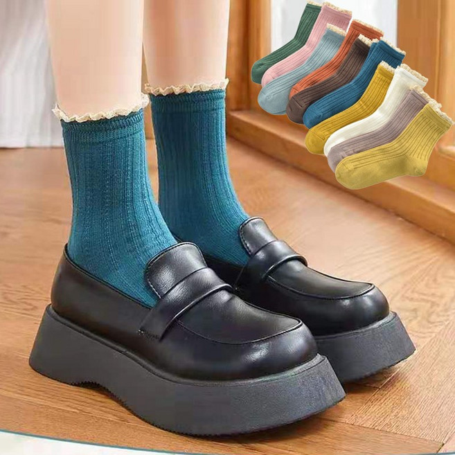 귀여운 예쁜 여성 패션양말 마카롱 컬러 레이스양말 긴목 5켤레세트