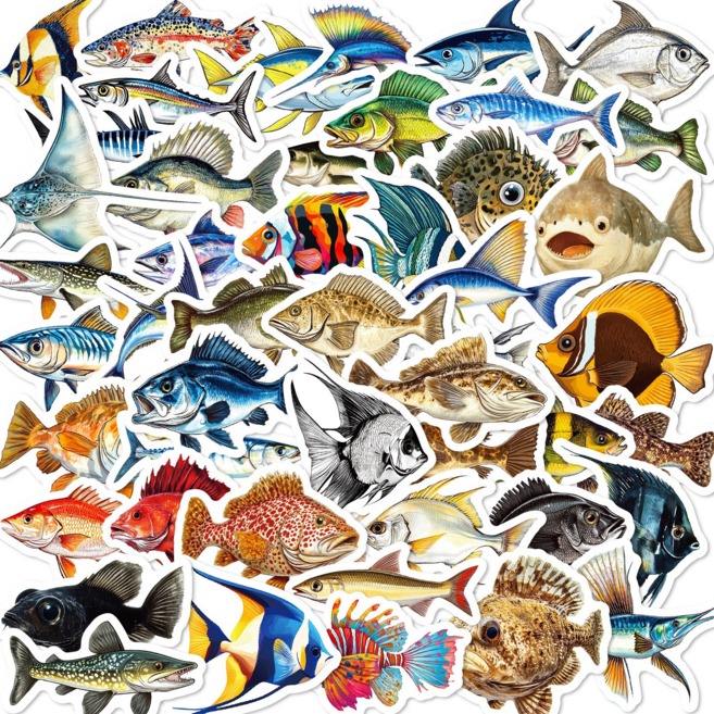 물고기 스티커 세트 모음, 50장 카툰 물고기A, 1세트, 카툰 물고기A 50장