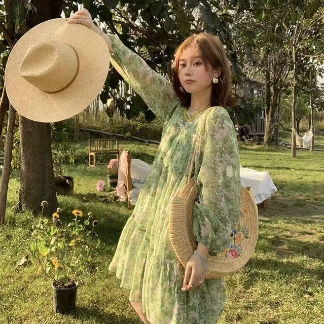 Seofst 빅사이즈 여성 플라워 쉬폰 롱 원피스