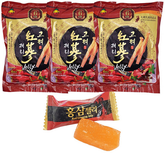 햇사랑식품 고려홍삼제리 500gx3봉 6년근 홍삼농축액 홍삼 캔디 젤리 사탕, 500g, 3개, 500g