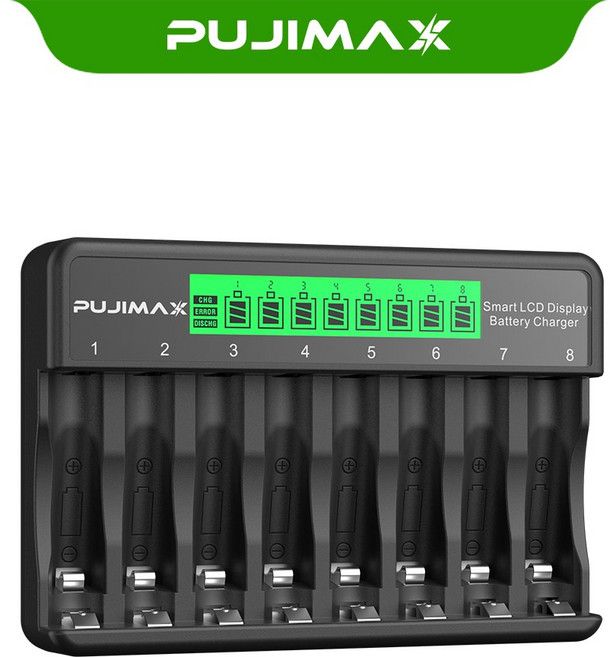 PUJIMAX AA AAA 1.2V Ni-MH 8슬롯 충전지 건전지 급속충전기 과충전방지 LCD표시 검색 케이스 충전기, 2개