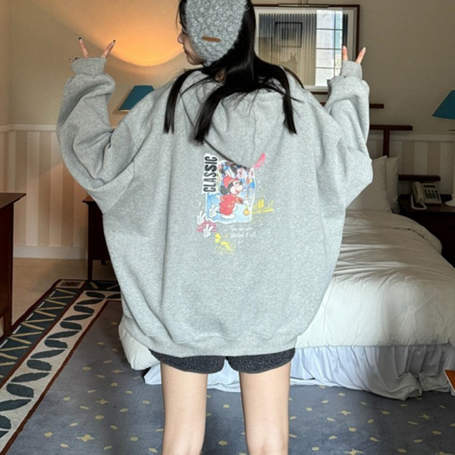 매직미키 양기모후드집업)디즈니정품 기모면 겨울신상 오버핏 박시한 박스핏 그림프린팅 미키집업 모자집업 회색 큰옷 빅사이즈