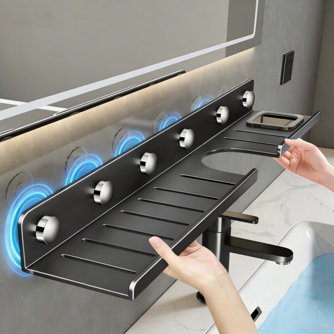 Shipshape 욕실선반 일자형 알루미늄 세면대 선반 강력 흡착식 욕실선반 화장실 세면대 벽걸이 정리대 벽선반 600mm, 1개, 수량