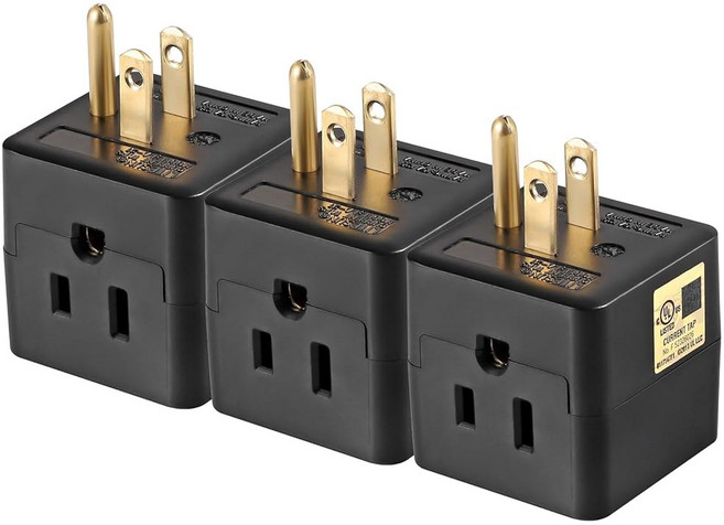3 콘센트 벽 어댑터 UL 목록 파워 큐브 탭 3-프롱 스플리터 멀티 플러그 접지 실내 3방향 어댑터 가정용 또는 여행용 익스텐더 화이트 3팩, 3 Pack, Black