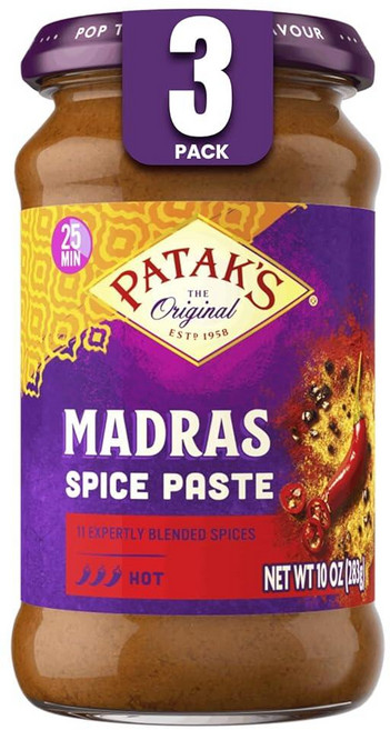 Patak's Madras 향신료 페이스트 11개의 전문적으로 혼합된 향신료가 함유된 핫 인디언 커리 인공 색소 없음 글루텐 프리 및 비건 가정 요리 등을 위한 대담한, Patak's Madras 향신료 페이스트 - 11개의