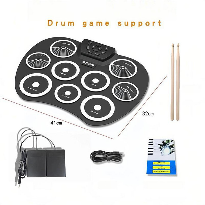 제이코 두두리악기 전자드럼 성인 초보자용 실리콘 접이식 휴대용 세트, 1개, 영문 흑백 DTX 지원 (외장 스피커 필요)