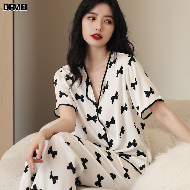 DFMEI 夏季絲綢睡衣女套裝寬鬆韓版大碼印花休閒冰絲居家短袖長褲家居服
