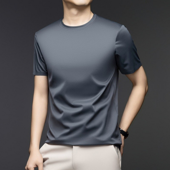 여름 뽕나무 실크 반팔 라운드넥 티셔츠 단색 캐주얼 남성복