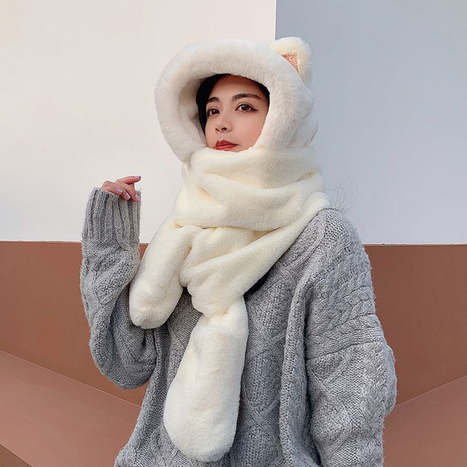 니트 귀덮개 목도리 일체형 모자 여성 윈터 귀여운 털 모자